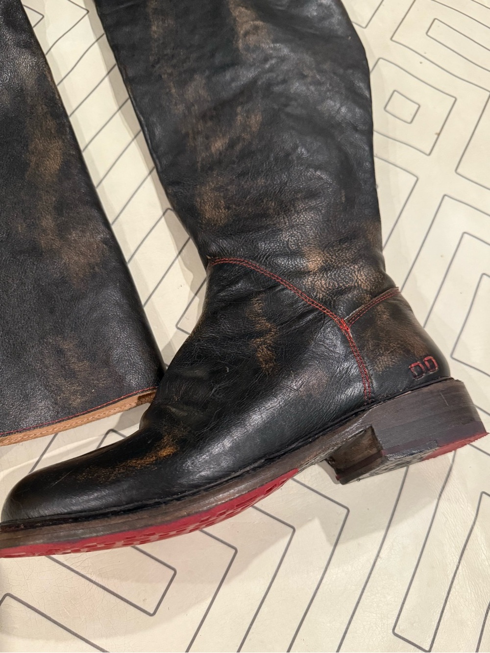 Bed | Stu Distressed Black Leather Riding Boots with Tie Calf - Picture 4 of 14